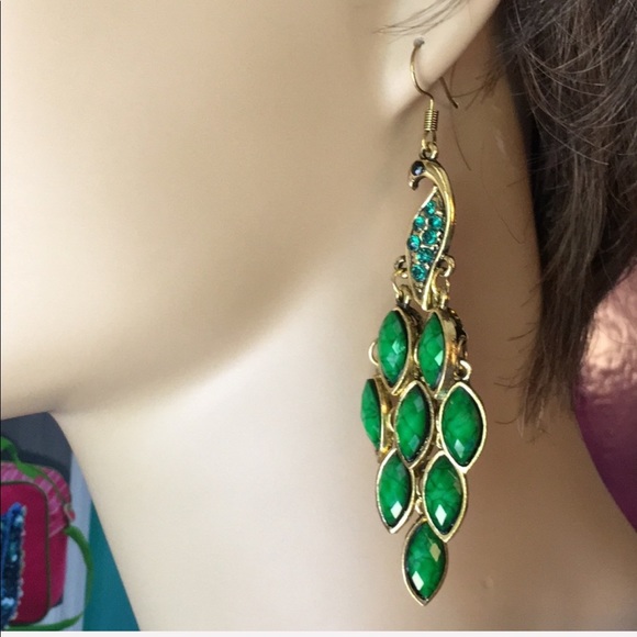 Green Peacock Earrings - Picture 5 of 7
